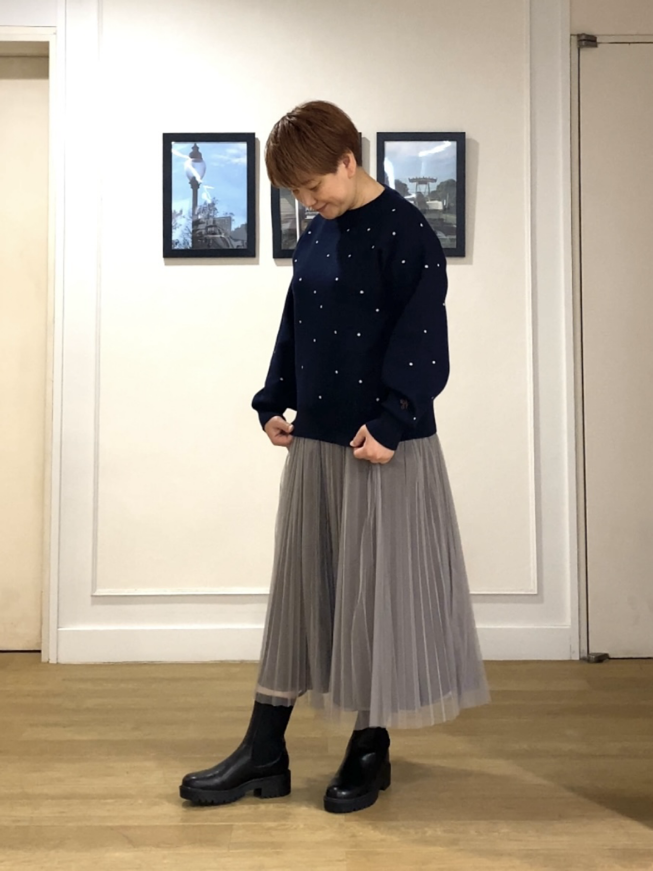 Hiroさんの「Dessin｜【洗濯機OK/秋ニット】コットンジャガード ドットプルオーバー」を使ったコーディネート