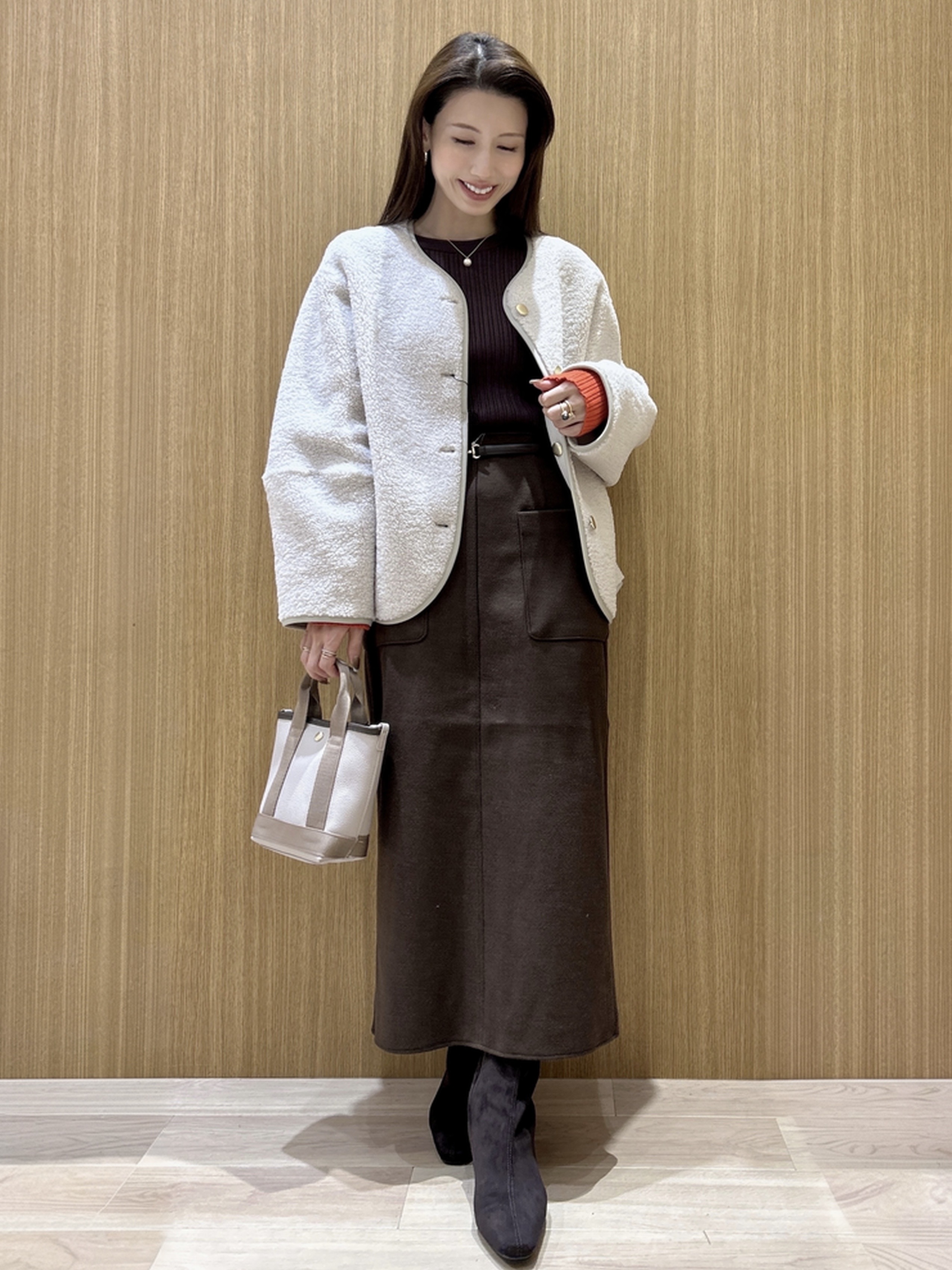 maiさんの「OPAQUE.CLIP｜配色スリーブランダムリブニット」を使ったコーディネート