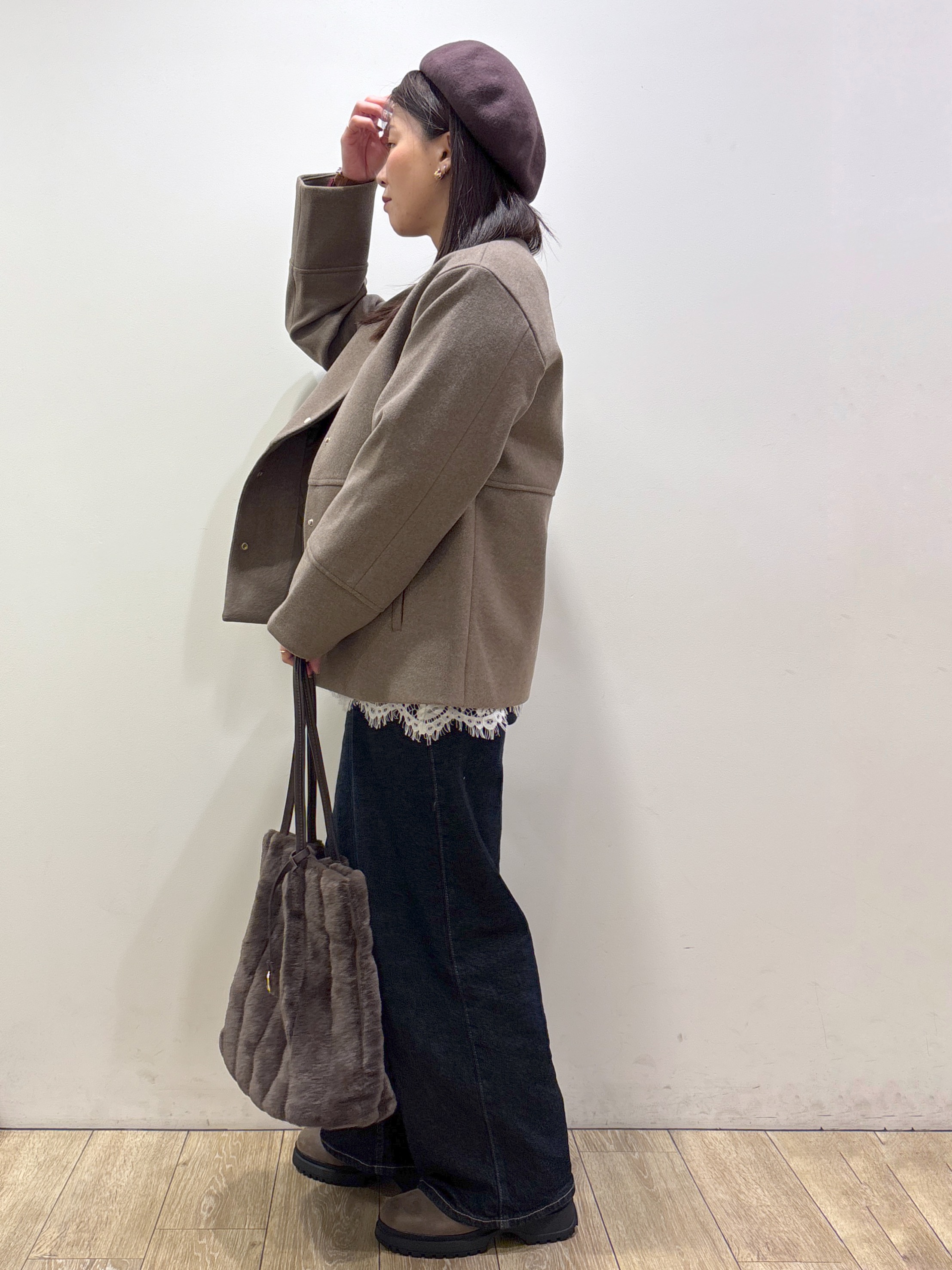 mameさんの「index｜ウールライク ノーカラーコート【洗濯機OK】」を使ったコーディネート