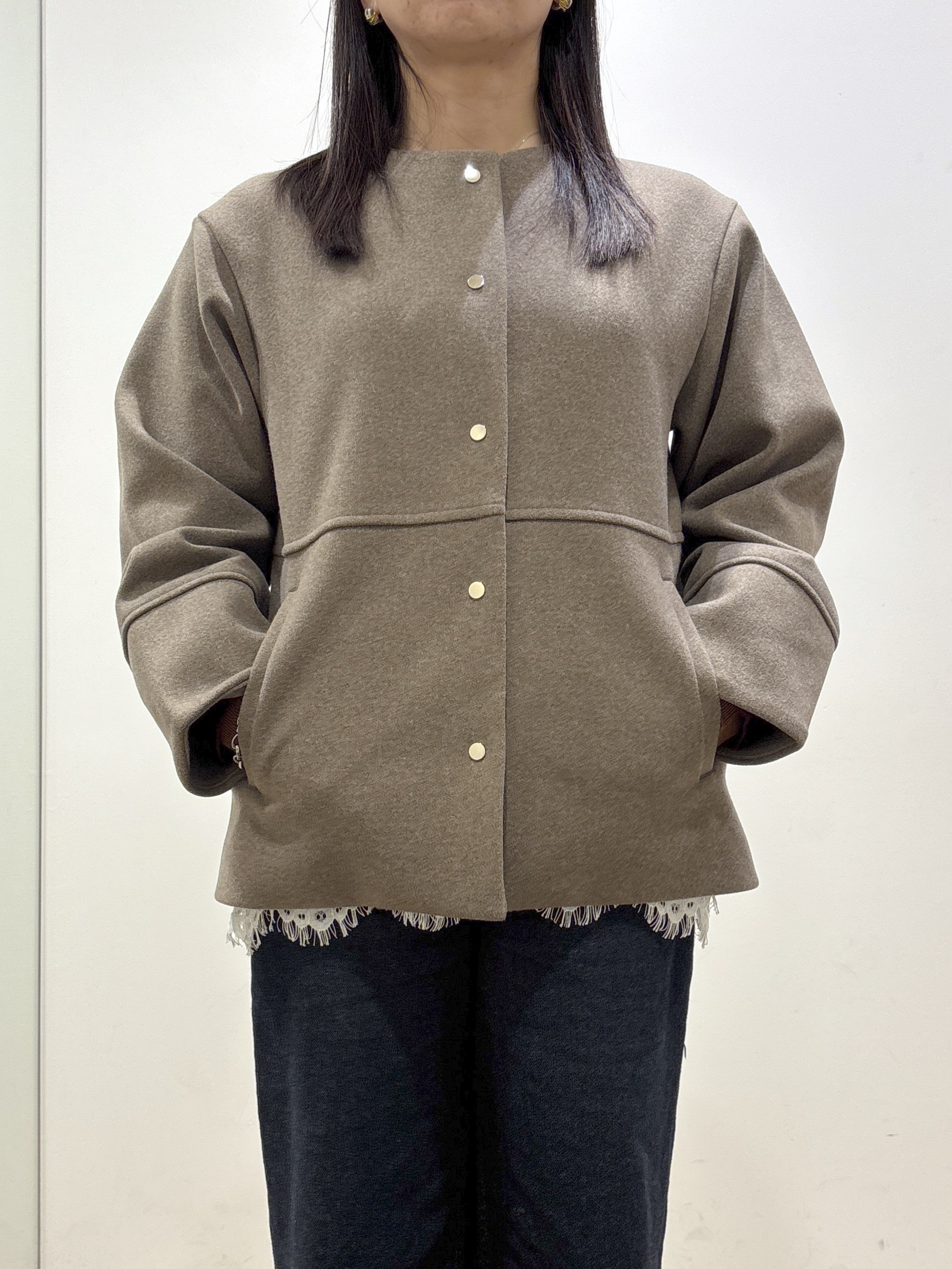 mameさんの「index｜ウールライク ノーカラーコート【洗濯機OK】」を使ったコーディネート