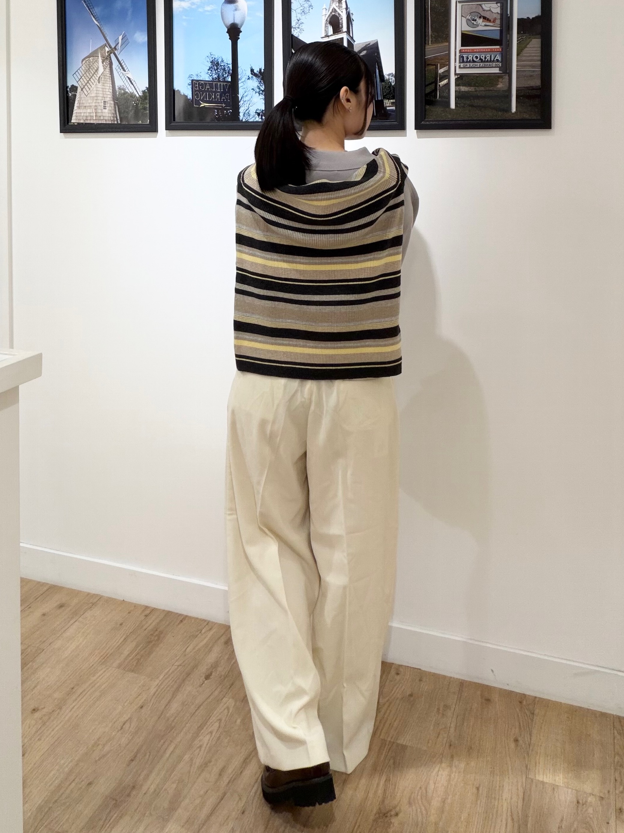 秦美里さんの「Dessin｜【洗濯機OK】マルチボーダーニット」を使ったコーディネート