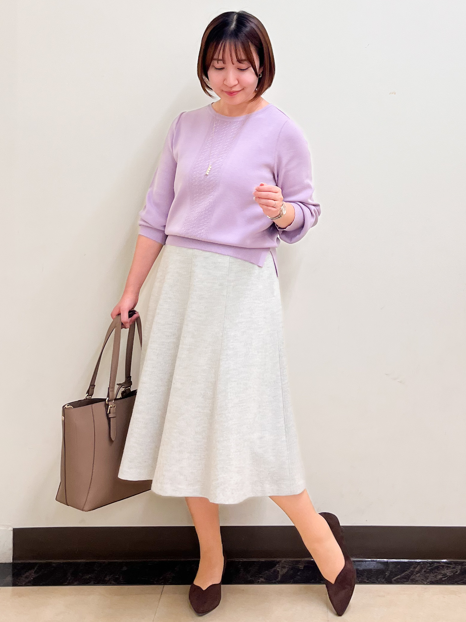 mikikoさんの「Reflect｜【マシンウォッシュ】レース風編み柄ニット」を使ったコーディネート