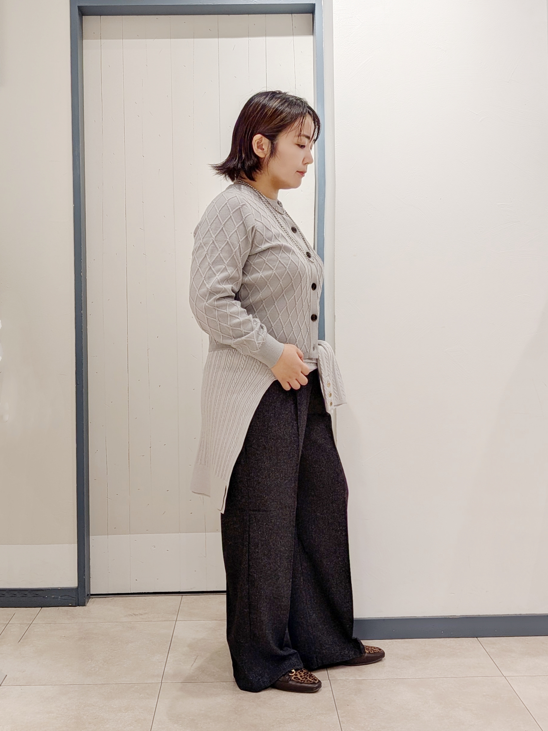 yukikaさんの「grove｜【毛玉軽減】大人上品なダイヤ柄ニットカーディガン」を使ったコーディネート