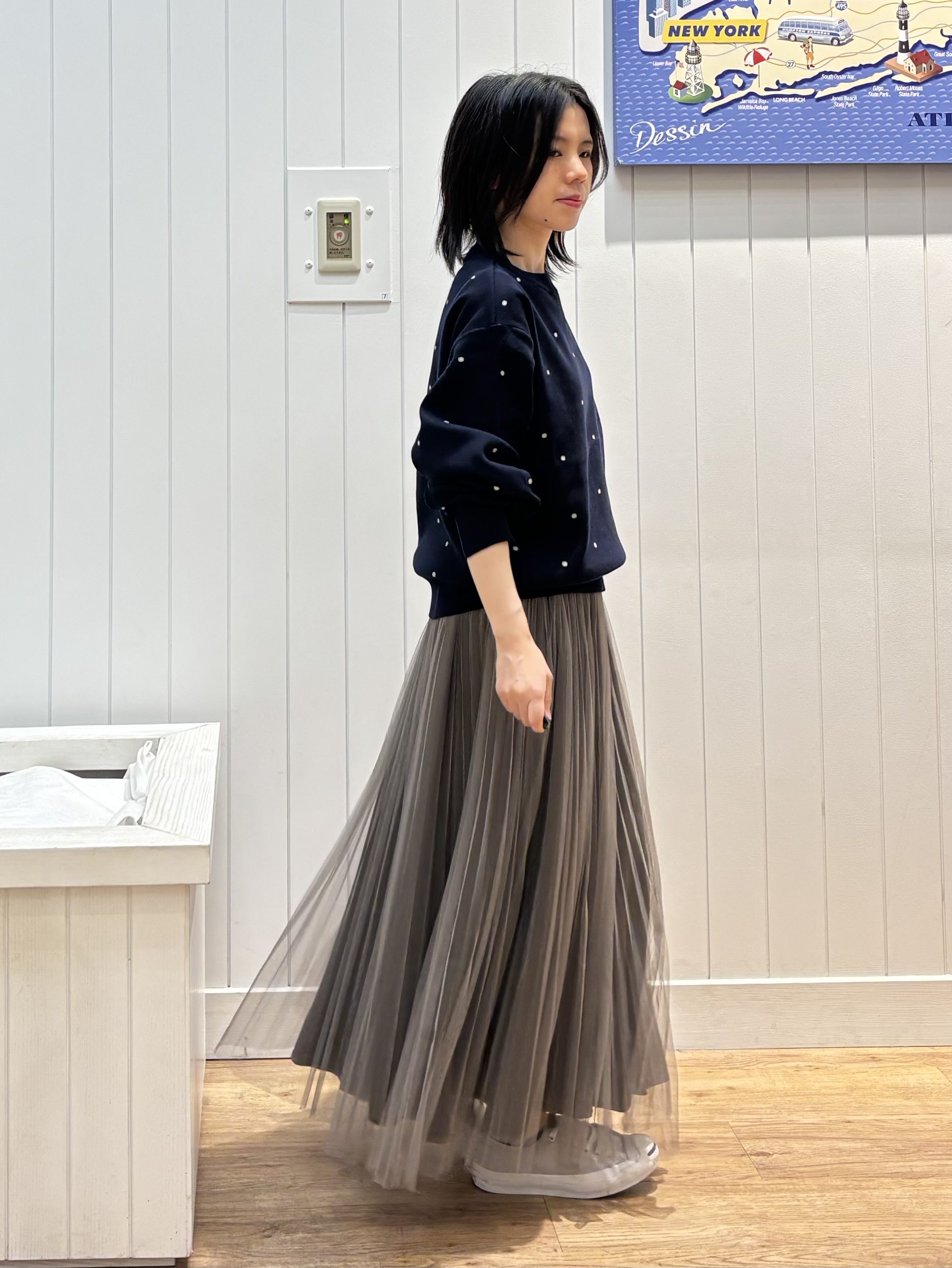OKADAさんの「Dessin｜【洗濯機OK/秋ニット】コットンジャガード ドットプルオーバー」を使ったコーディネート