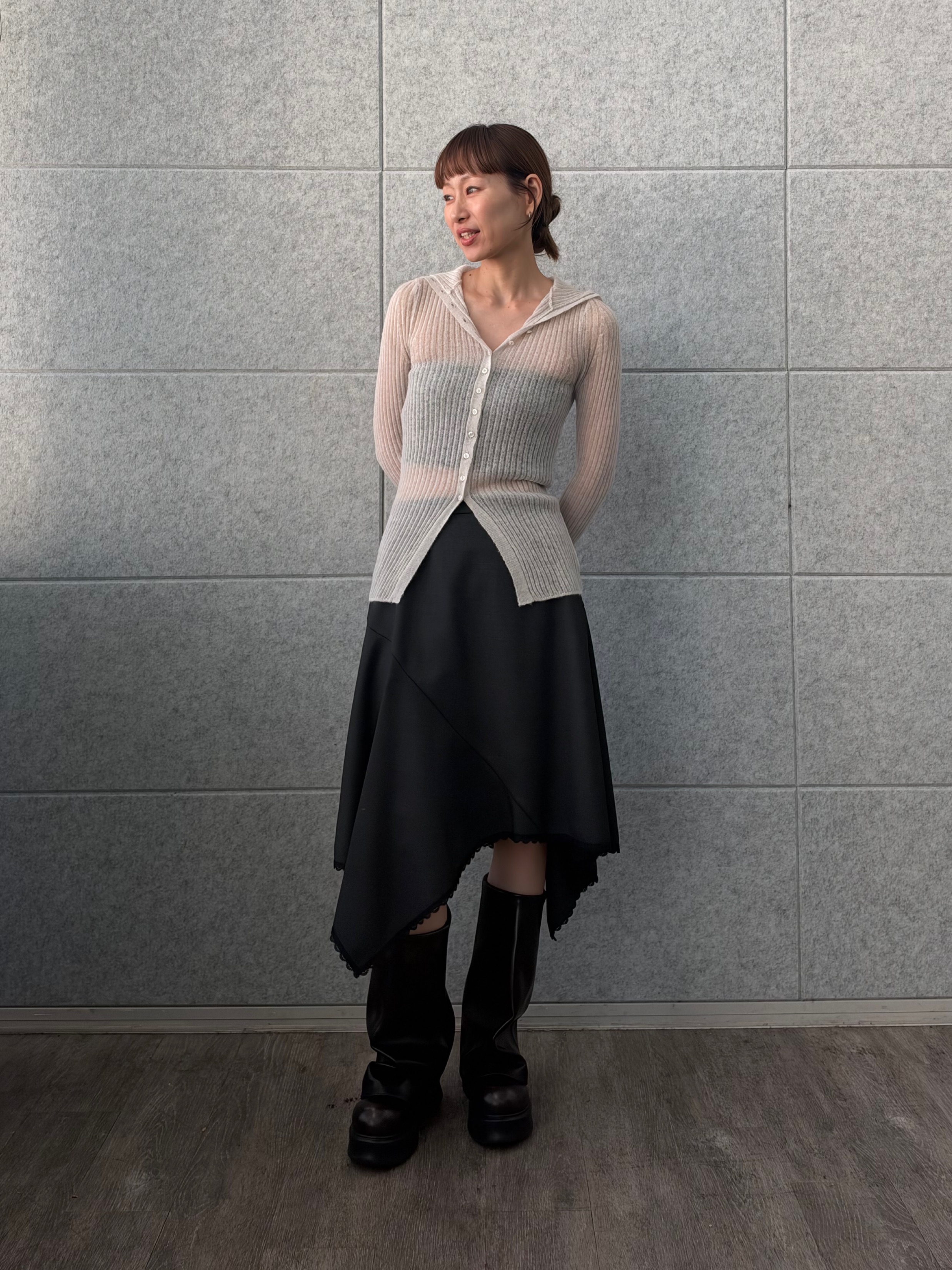 designer yukaさんの「CODE A｜sheer mohair rib cardigan」を使ったコーディネート