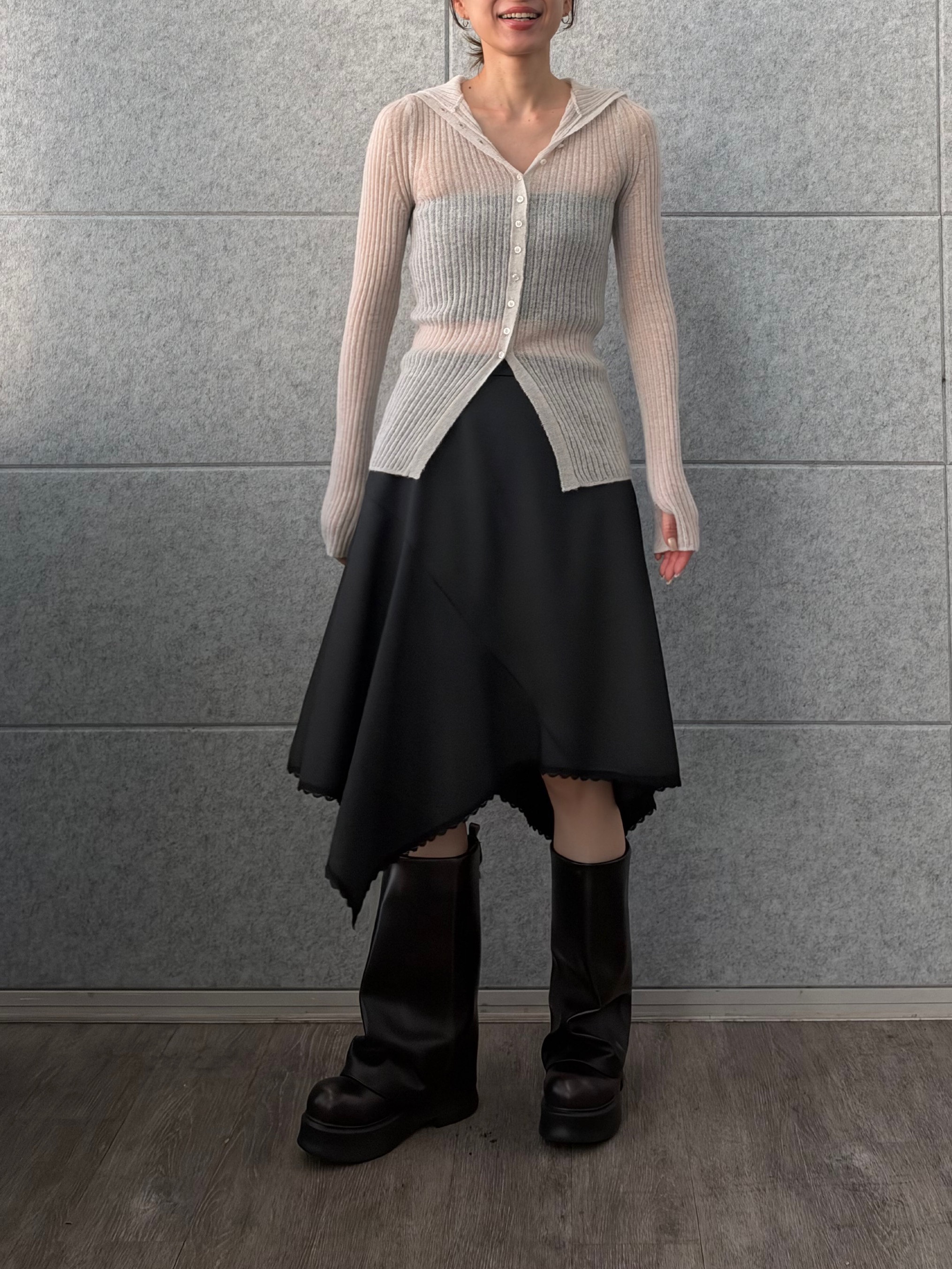 designer yukaさんの「CODE A｜sheer mohair rib cardigan」を使ったコーディネート