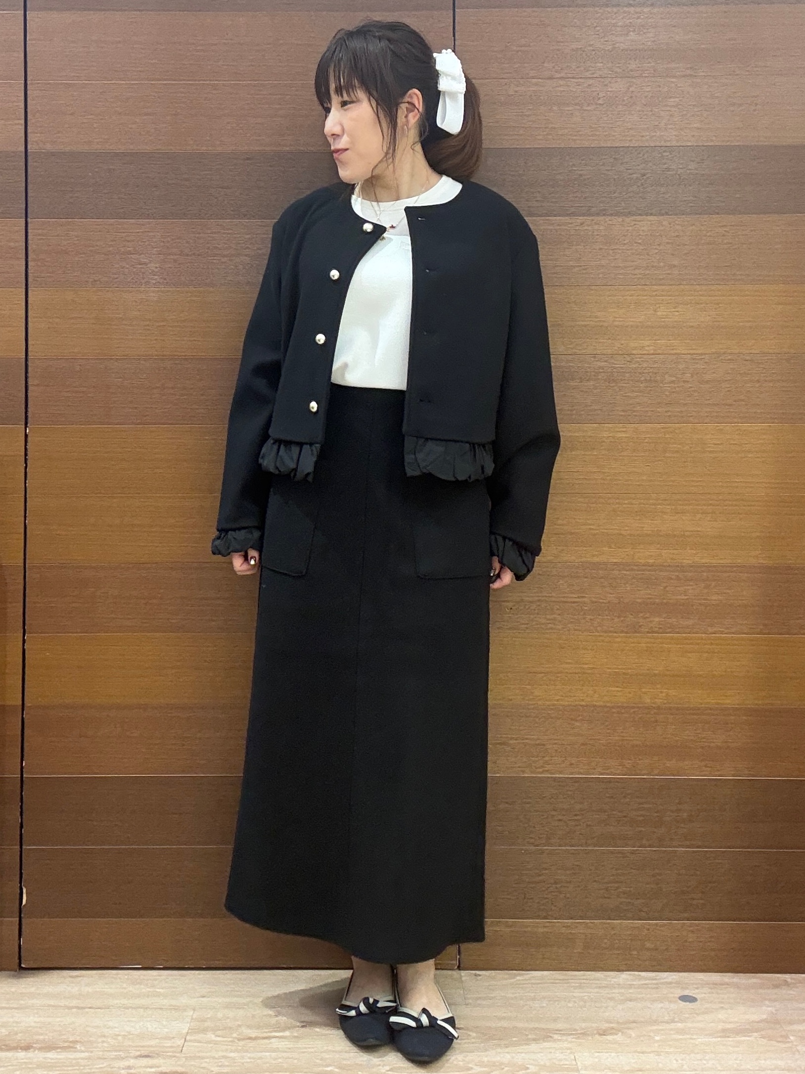 maichiさんの「OPAQUE.CLIP｜異素材フリルウールライクコート【吸湿発熱／防シワ／洗える】」を使ったコーディネート