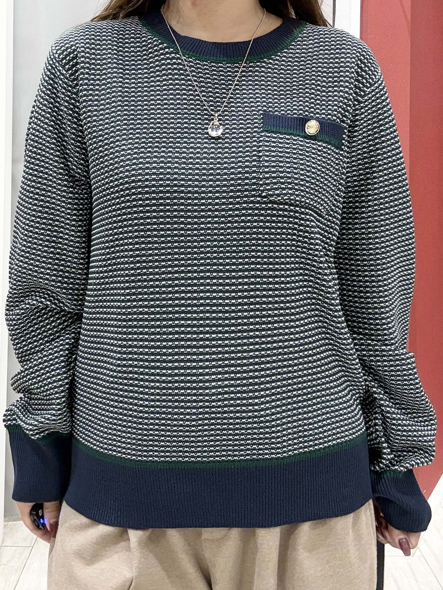 shioさんの「SHOO･LA･RUE｜【S-LL/洗濯機可】1枚でサマになる カノコ編み配色クルーネックニット」を使ったコーディネート