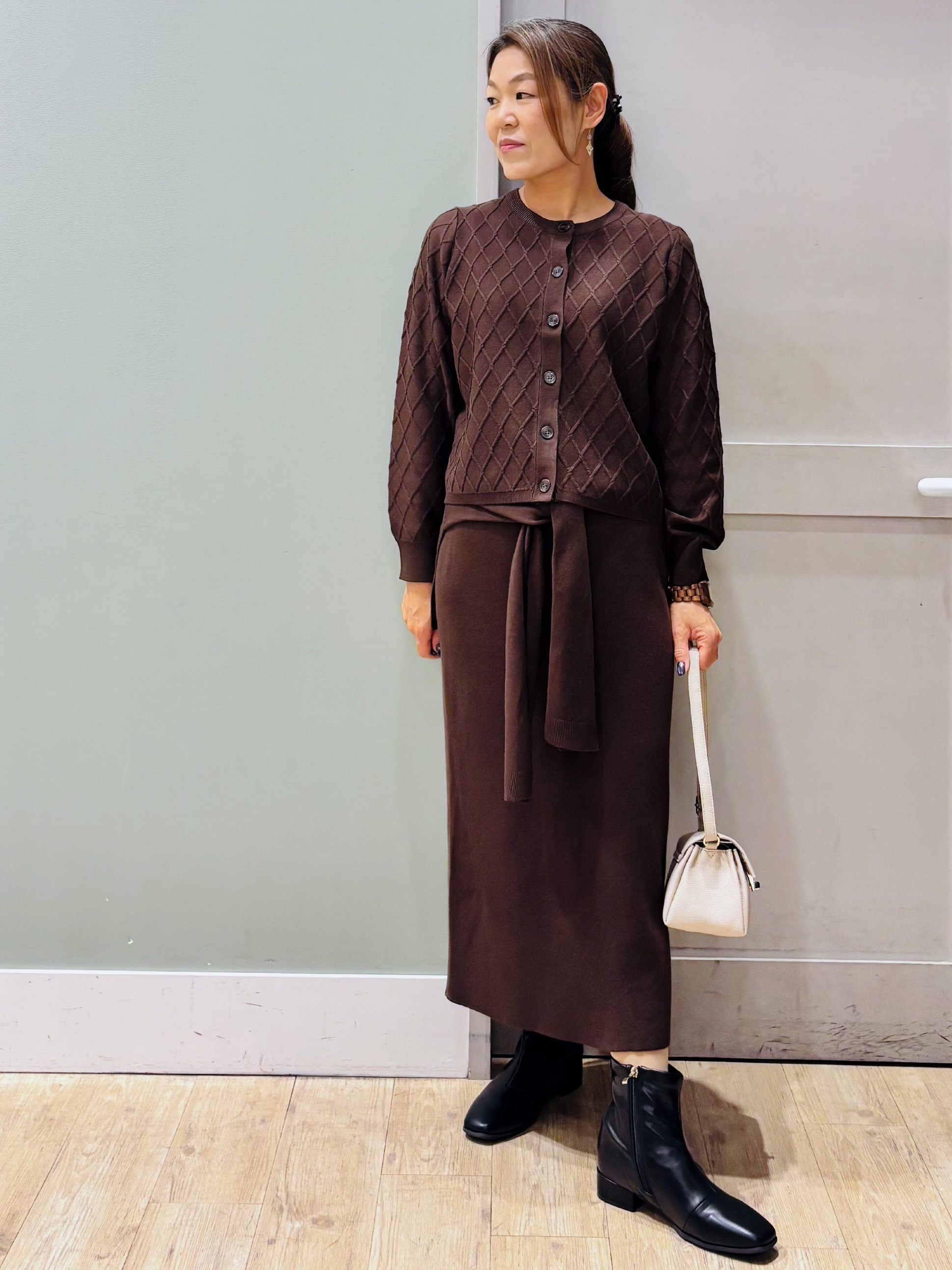 Komi☆さんの「grove｜【毛玉軽減】大人上品なダイヤ柄ニットカーディガン」を使ったコーディネート