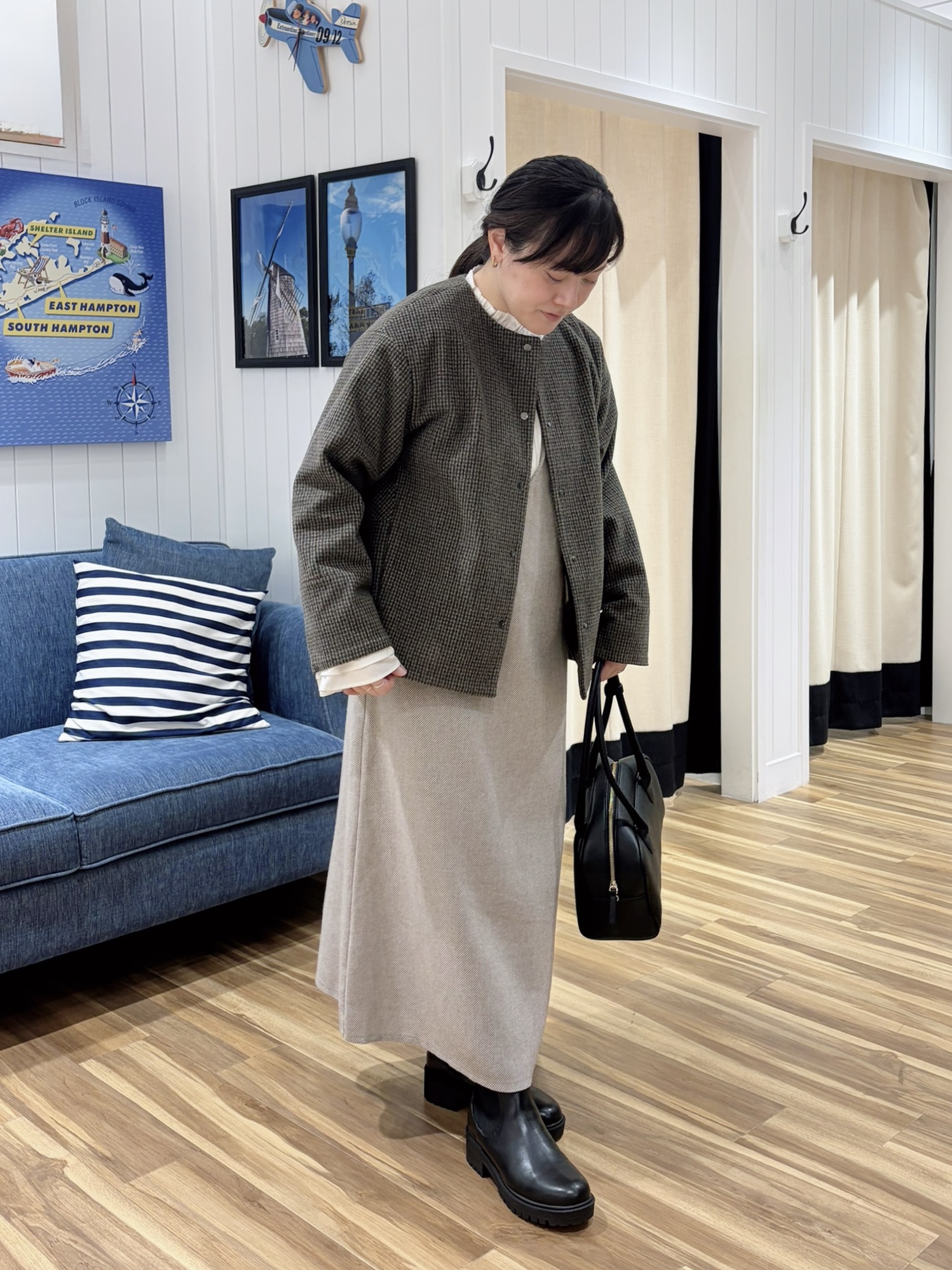 石田亜里紗さんの「Dessin｜【定番アイテム】ハウンドトゥースニットメルトン ノーカラージャケット」を使ったコーディネート