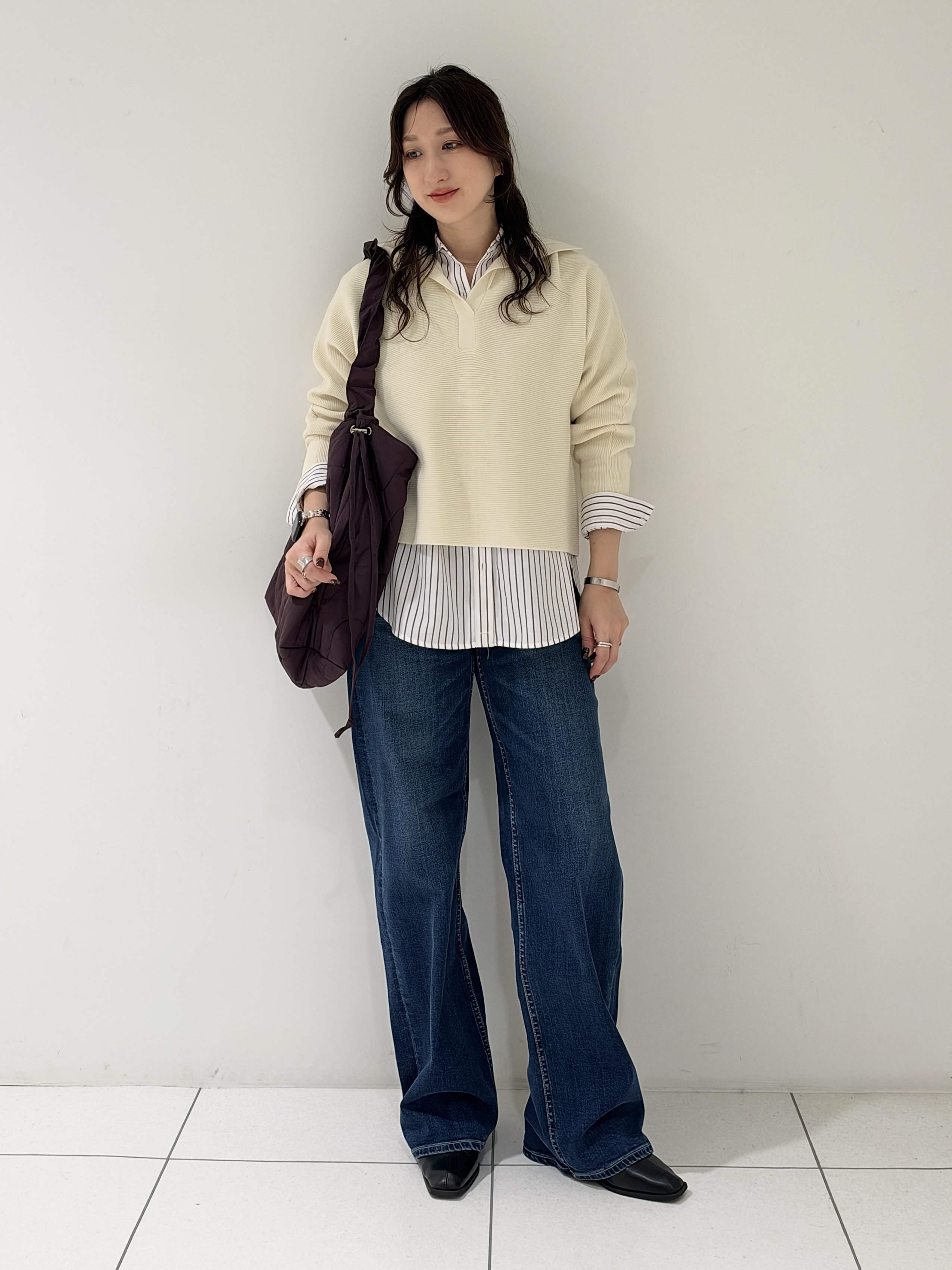 そんさんの「INDIVI｜【ウール混／クロップド丈】畦編みスキッパー衿ニット」を使ったコーディネート