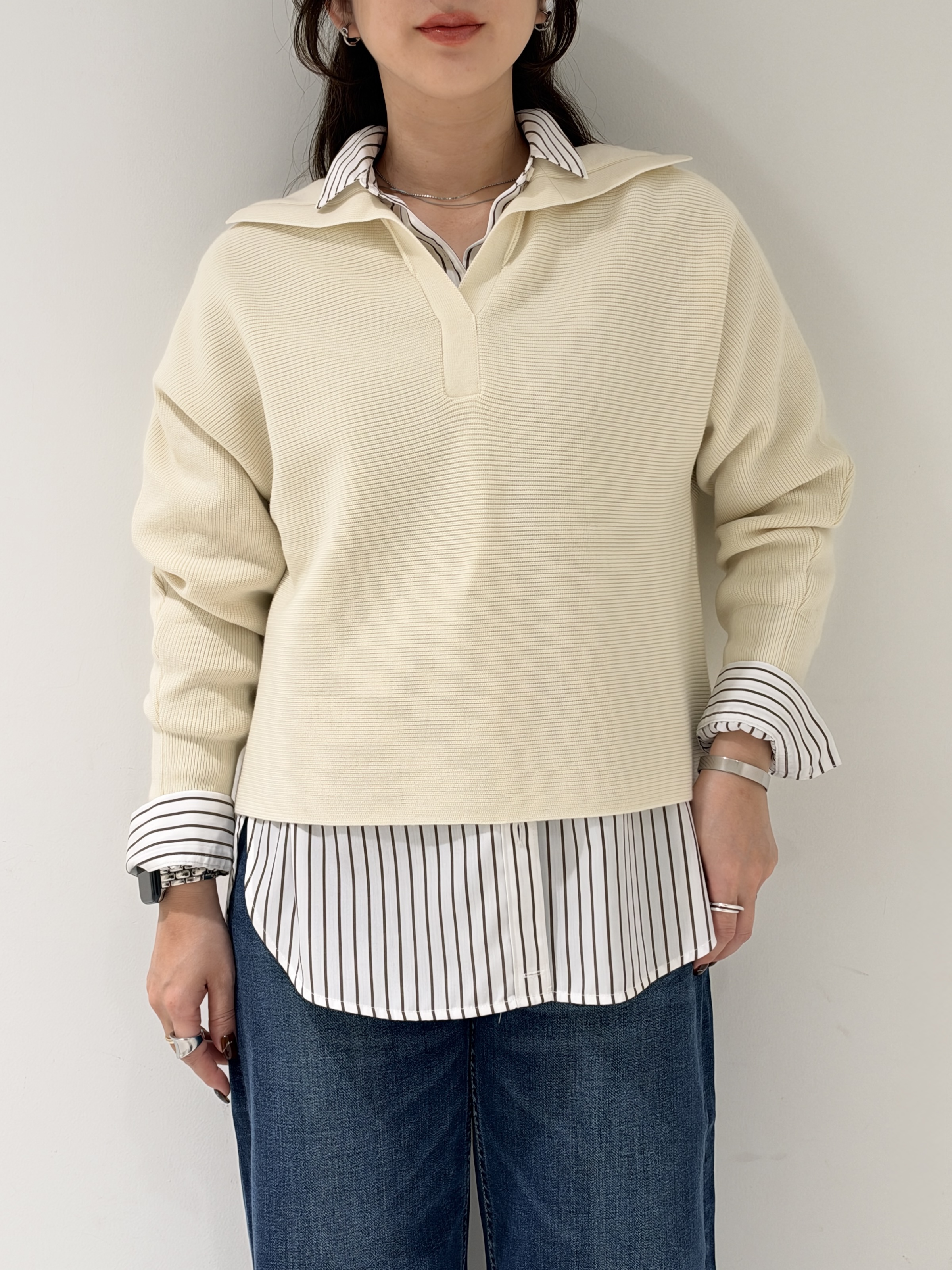 そんさんの「INDIVI｜【ウール混／クロップド丈】畦編みスキッパー衿ニット」を使ったコーディネート
