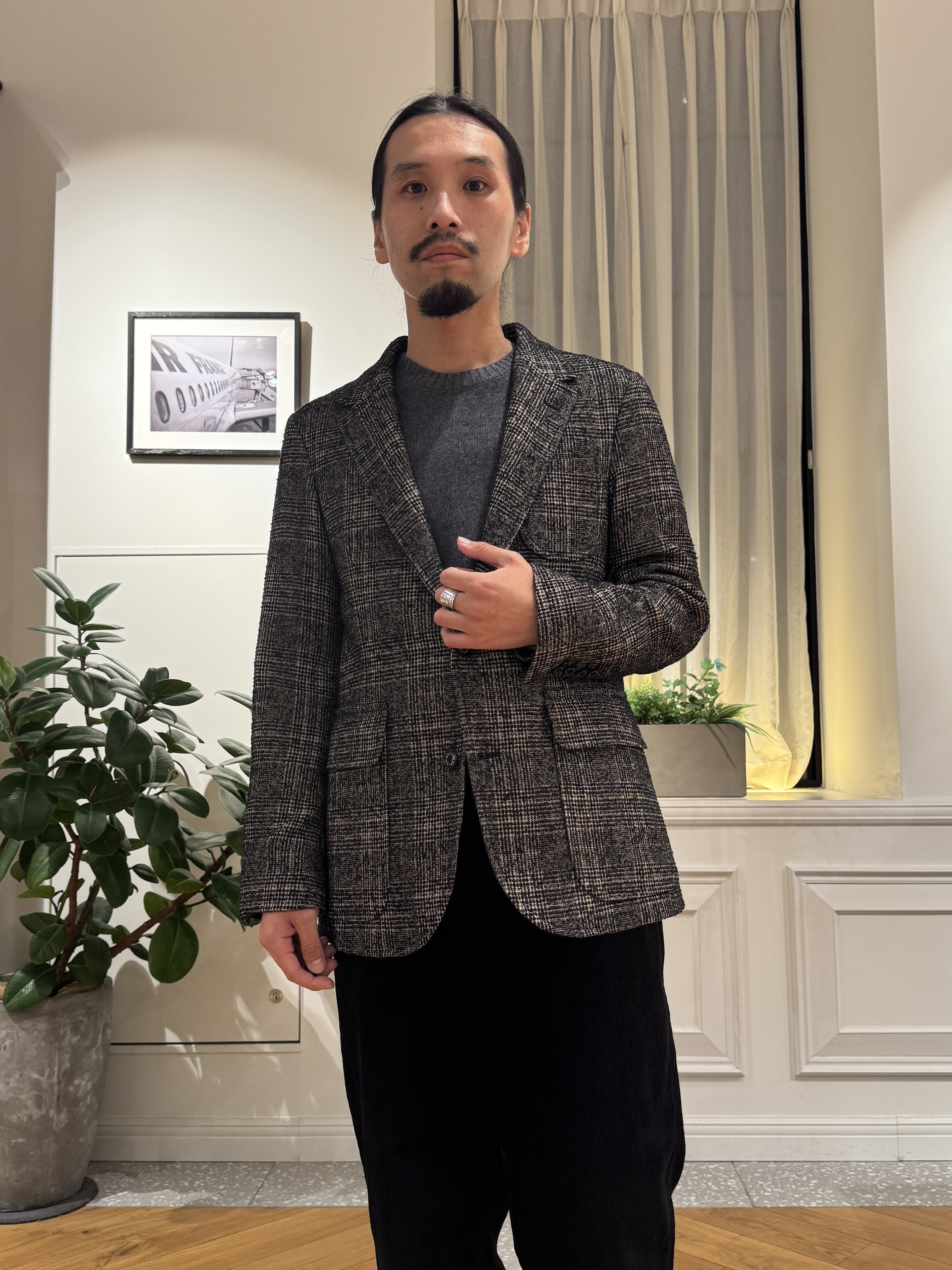 kawarataniさんの「DRESSTERIOR｜【セットアップ可】ループグレンチェック リラックスジャケット」を使ったコーディネート