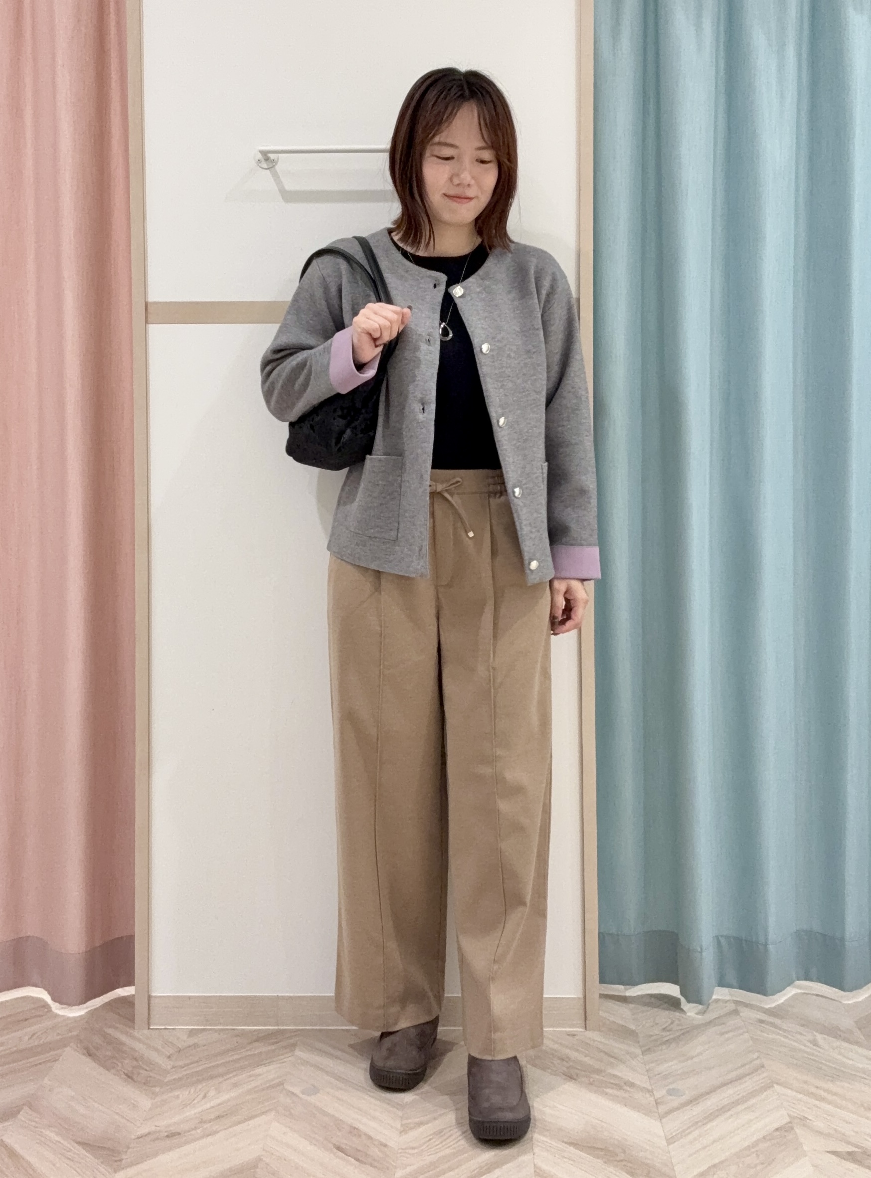 kさんの「SHOO･LA･RUE｜【S-LL/洗濯機可/静電気防止】もちもち配色ダブルフェイスカーディガン」を使ったコーディネート