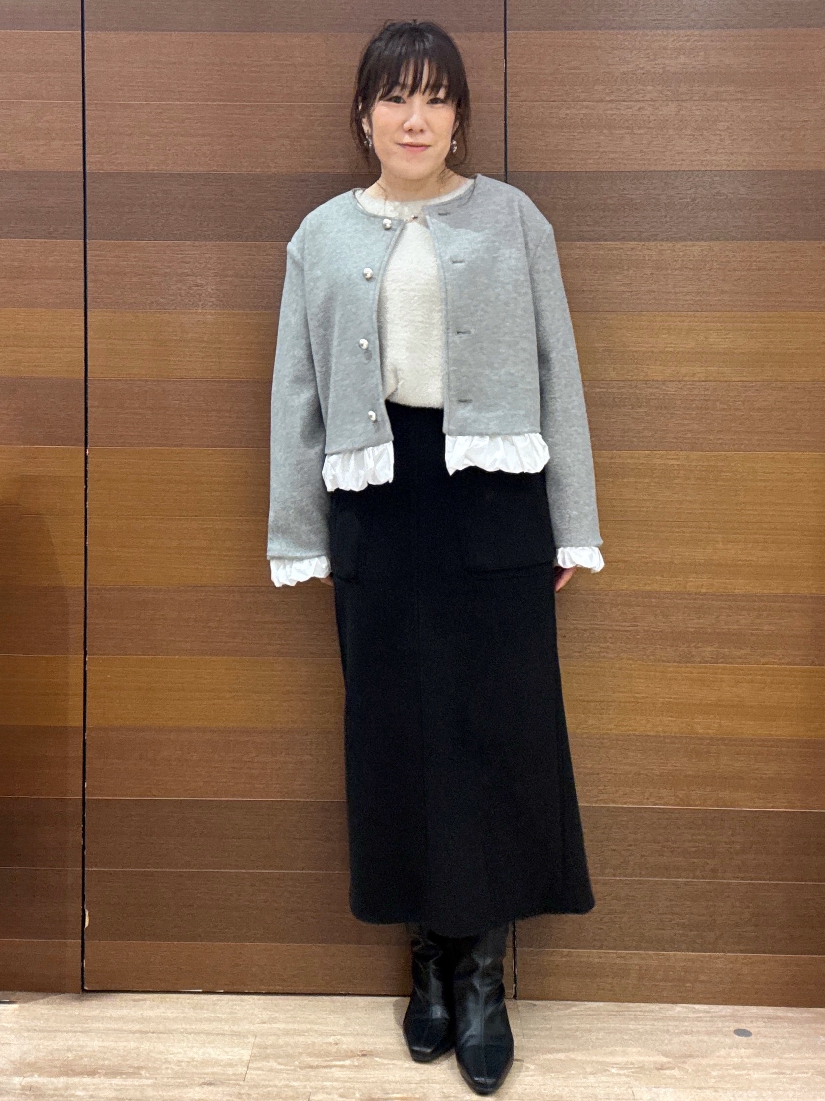 maichiさんの「OPAQUE.CLIP｜異素材フリルウールライクコート【吸湿発熱／防シワ／洗える】」を使ったコーディネート