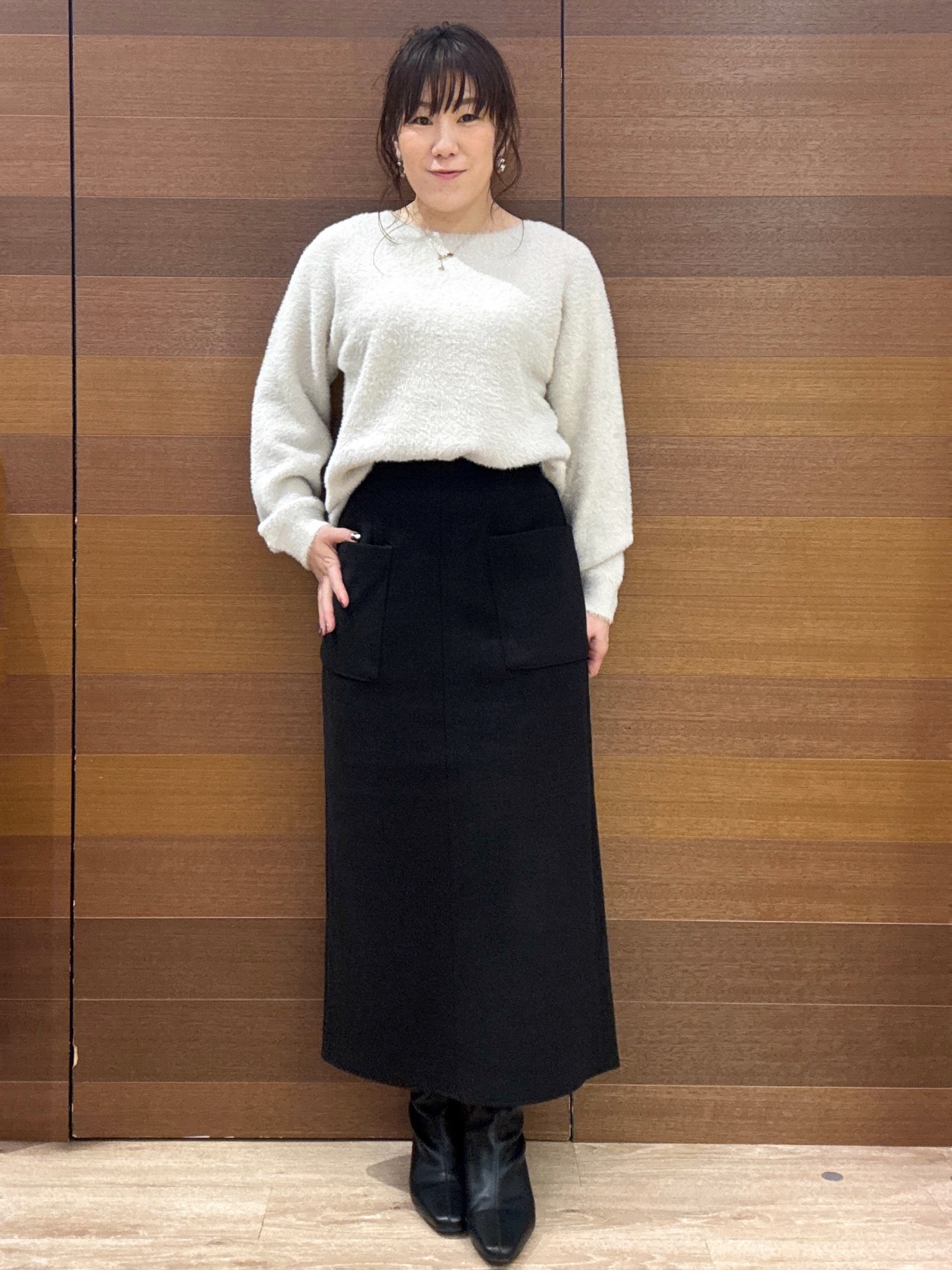 maichiさんの「OPAQUE.CLIP｜異素材フリルウールライクコート【吸湿発熱／防シワ／洗える】」を使ったコーディネート