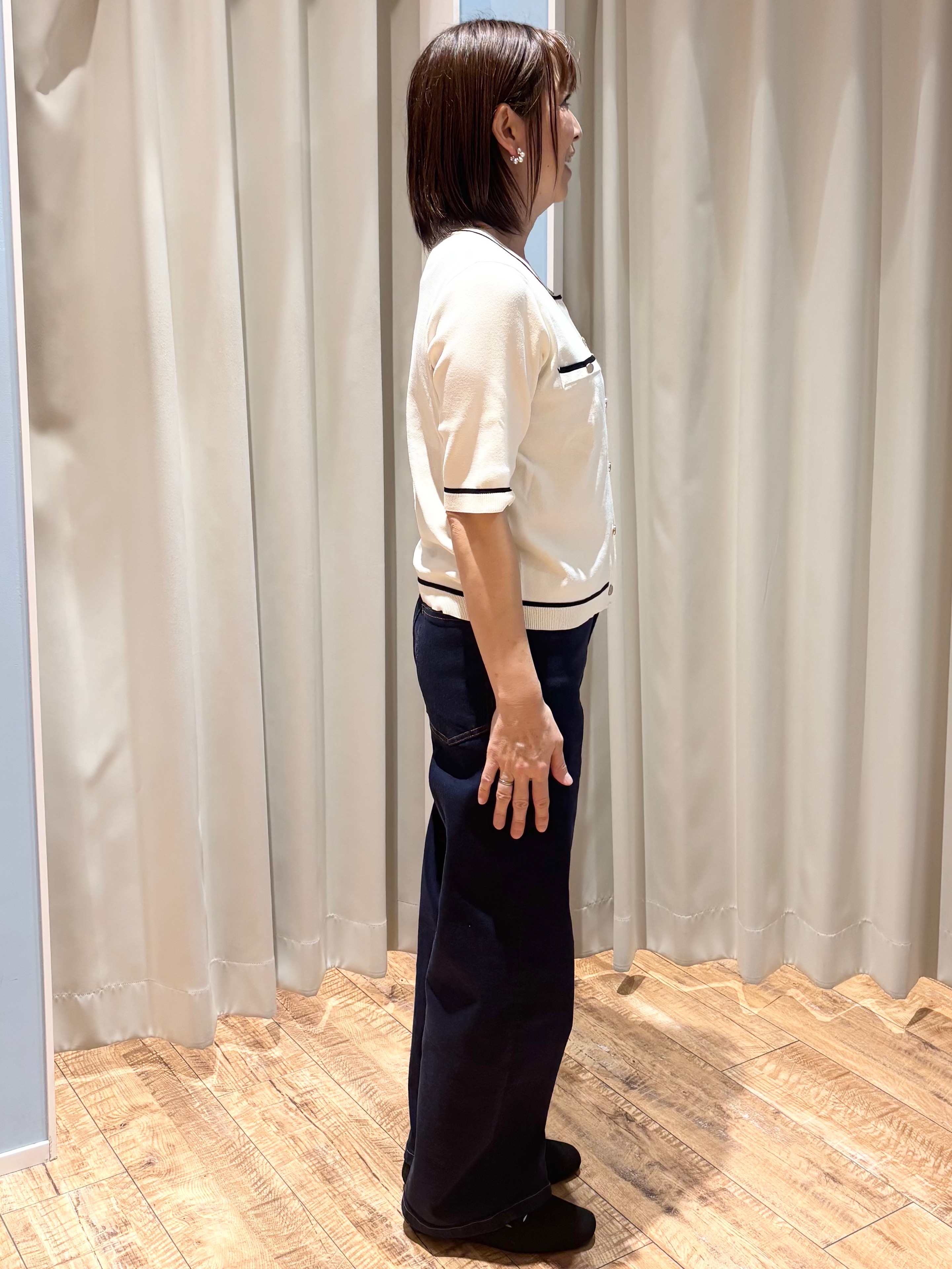 rieさんの「SHOO･LA･RUE｜【UV/S-LL/洗濯機可】毛玉になりにくい 配色5分袖カーディガン」を使ったコーディネート