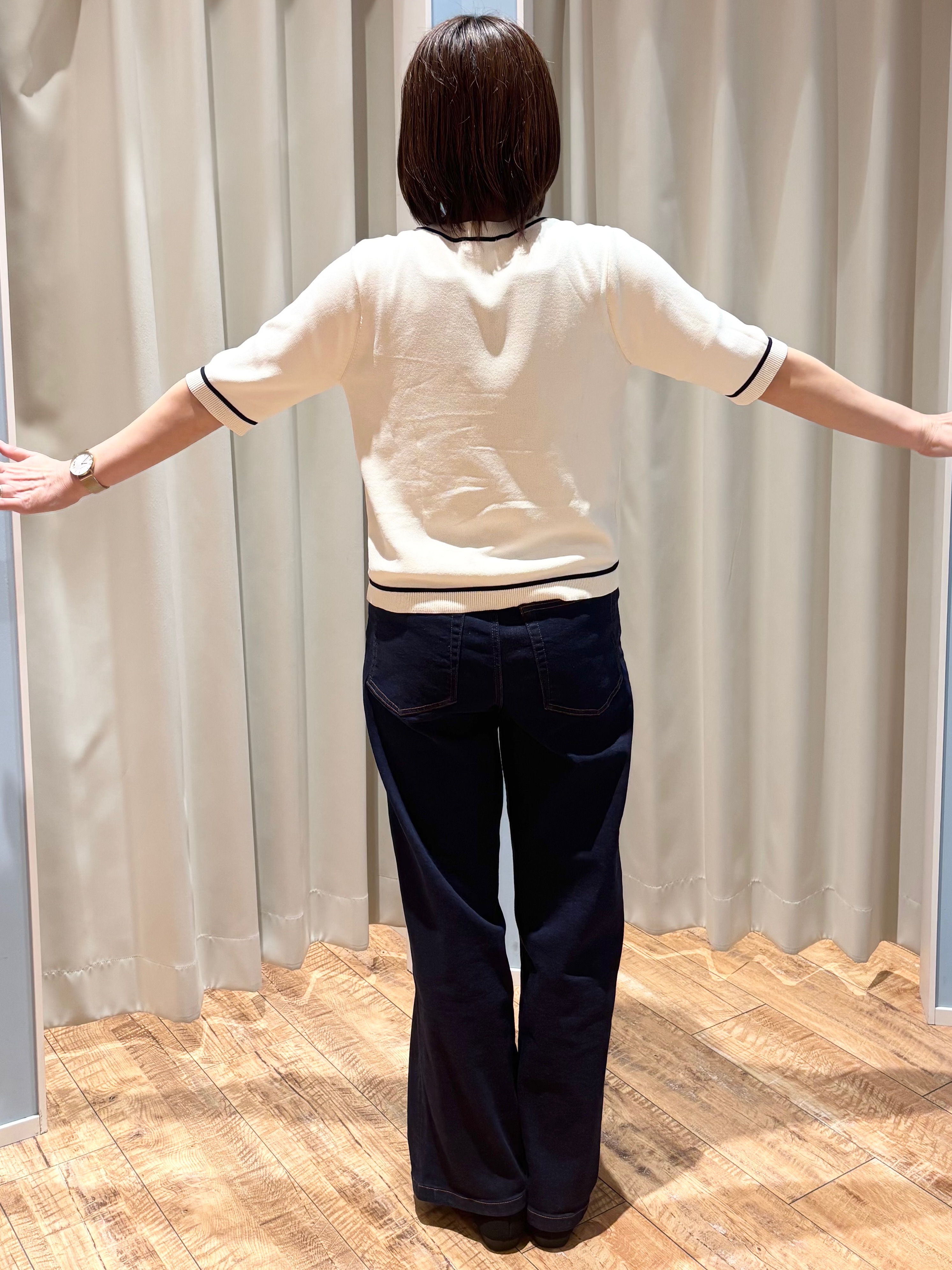 rieさんの「SHOO･LA･RUE｜【UV/S-LL/洗濯機可】毛玉になりにくい 配色5分袖カーディガン」を使ったコーディネート