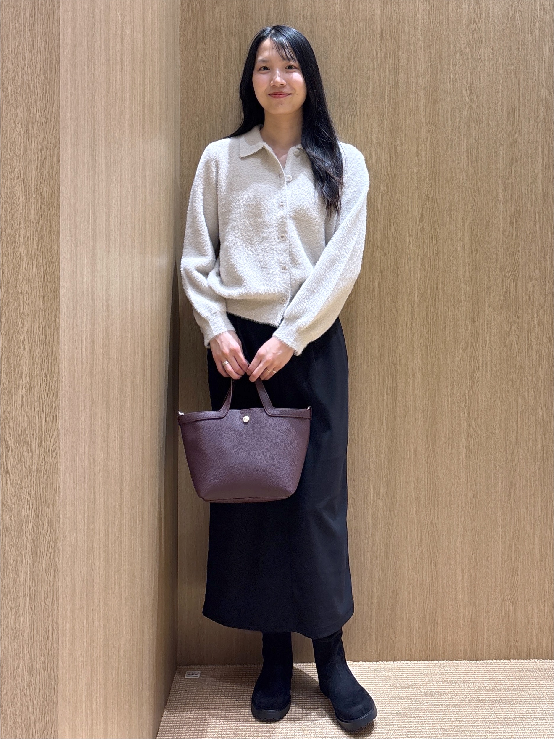 sachikoさんの「OPAQUE.CLIP｜フェザー襟付きニットカーディガン【洗濯機OK】」を使ったコーディネート